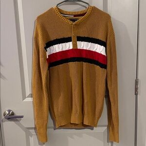 Tommy Hilfiger Mustard Sweater with Red, Black, and White Stripes